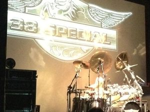Gary Moffatt’s drum kit beneath a 38 Special stage sign